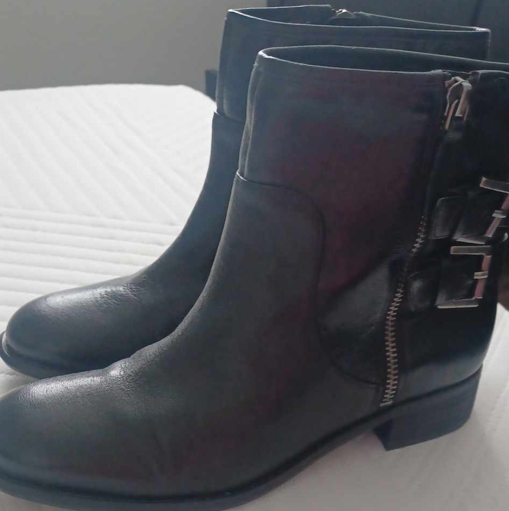 New Nine West Black Leather Ankle Boots with Buckle Detail